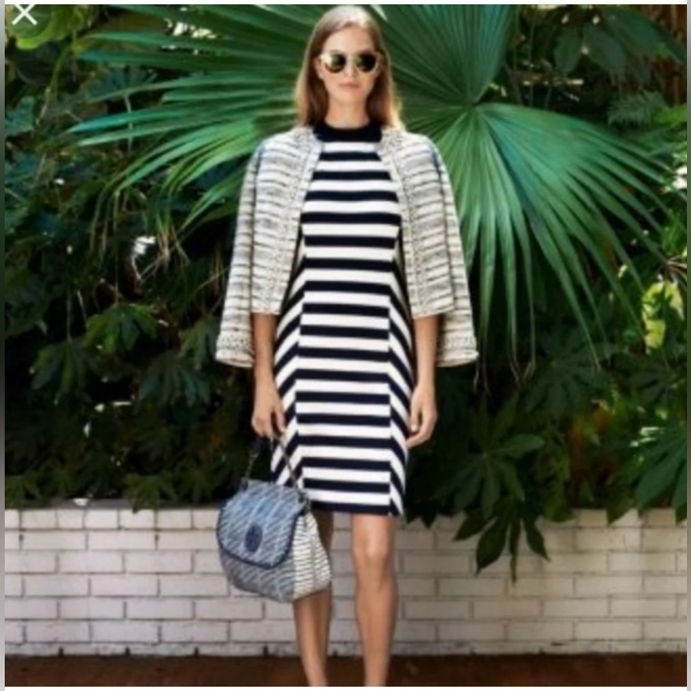 Tory Burch Augusta Dress Navy Stripe Size Medium Fitted Coastal Nautical Chic